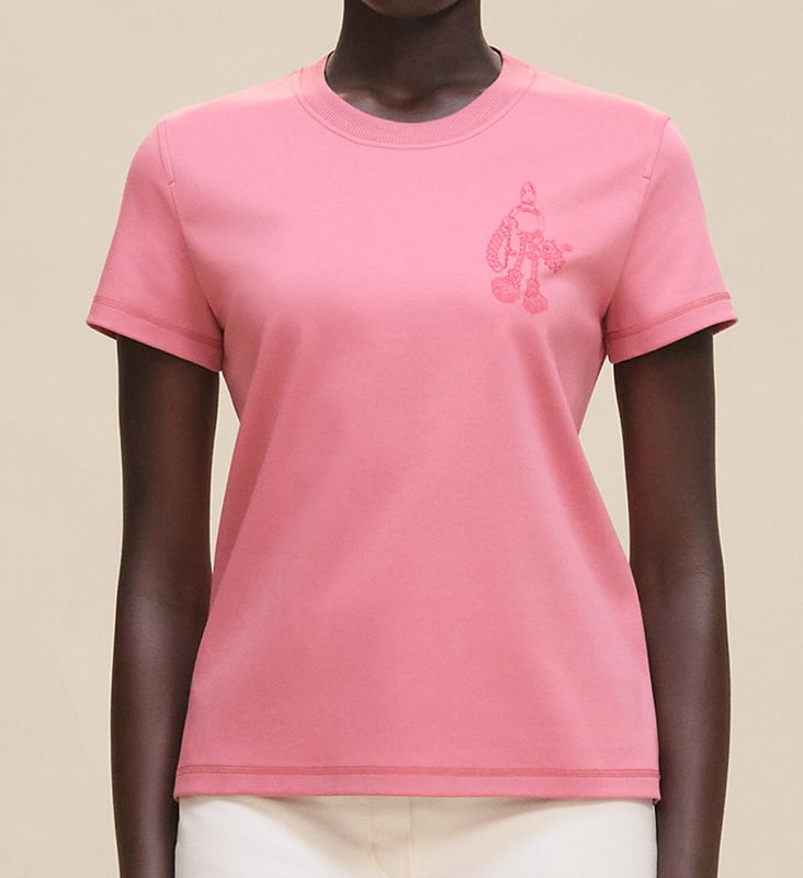 Hermes Clothes Droit Cartouche "Palefroi Printed T-shirt, Pink Rose Sorbet Cotton Jersey, Size 36, New in Box WA001