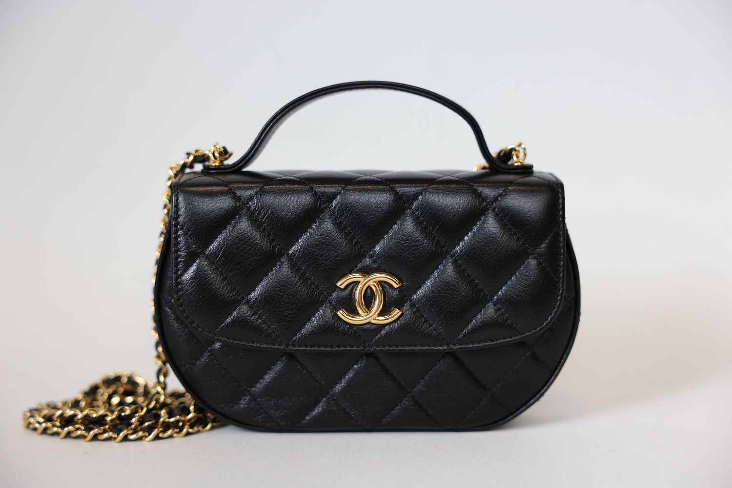 Chanel Phone Holder With Chain Mini Bag, Black Quilted Leather and Gold Hardware, Preowned in Box WA001