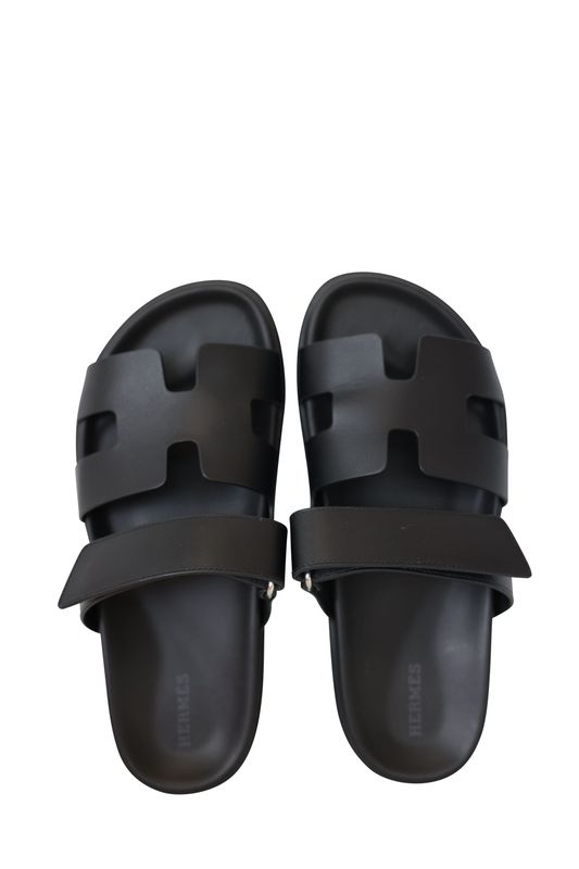 Hermes Shoes Chypre Sandals, Black Leather, Size 38, Preowned in Box WA001
