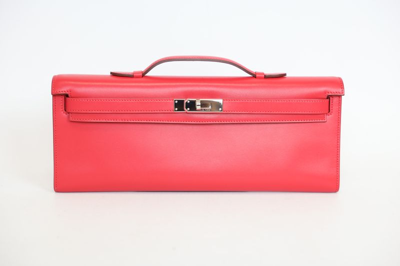 Hermes Kelly Cut Clutch Bag, Rubis Pink Swift Leather and Palladium Hardware, N in Square 2010 Stamp, Preowned in Dustbag WA001