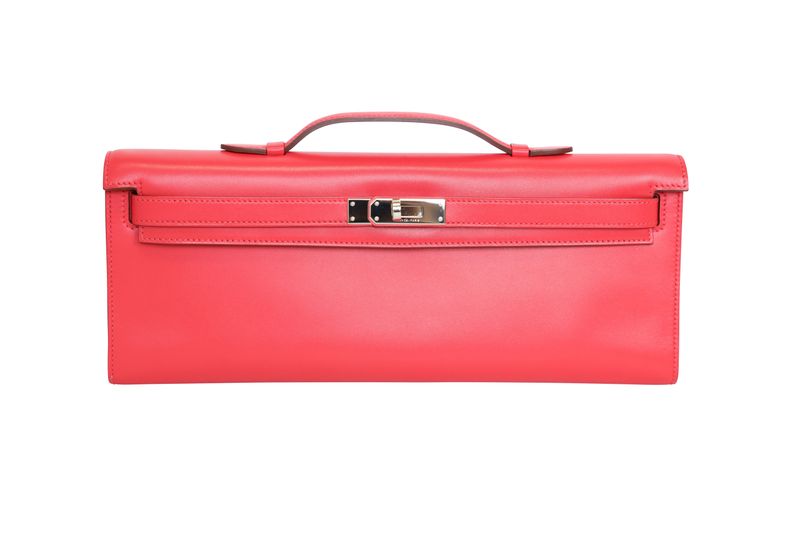 Hermes Kelly Cut Clutch Bag, Rubis Pink Swift Leather and Palladium Hardware, N in Square 2010 Stamp, Preowned in Dustbag WA001