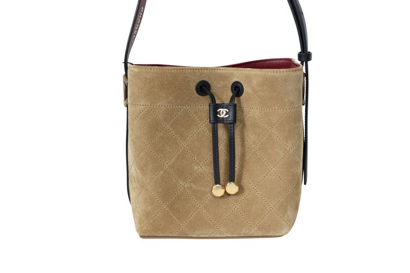 Chanel 26B Bucket Bag, Dark Beige Suede Calfskin and Black Leather with Gold Hardware, New in Box WA001