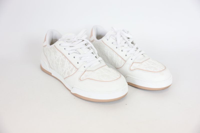 Christian Dior One Shoes Low Top Sneakers, White Dior Oblique Leather with Nude Trim, Size 37, Preowned in Box WA001