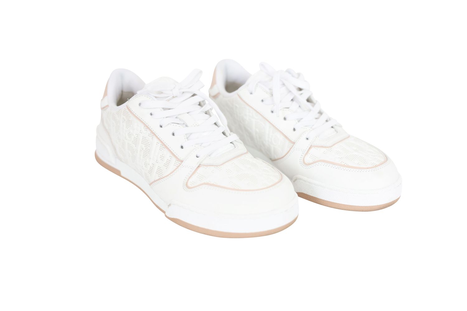Christian Dior One Shoes Low Top Sneakers, White Dior Oblique Leather with Nude Trim, Size 37, Preowned in Box WA001