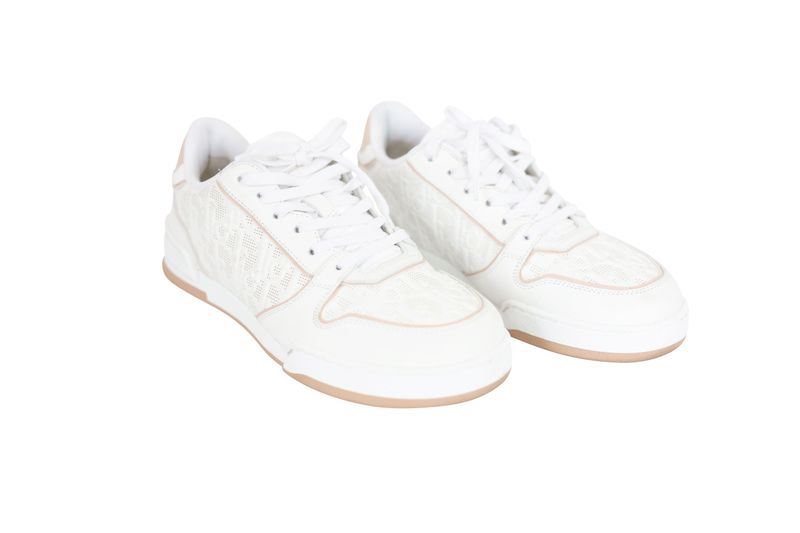Christian Dior One Shoes Low Top Sneakers, White Dior Oblique Leather with Nude Trim, Size 37, Preowned in Box WA001