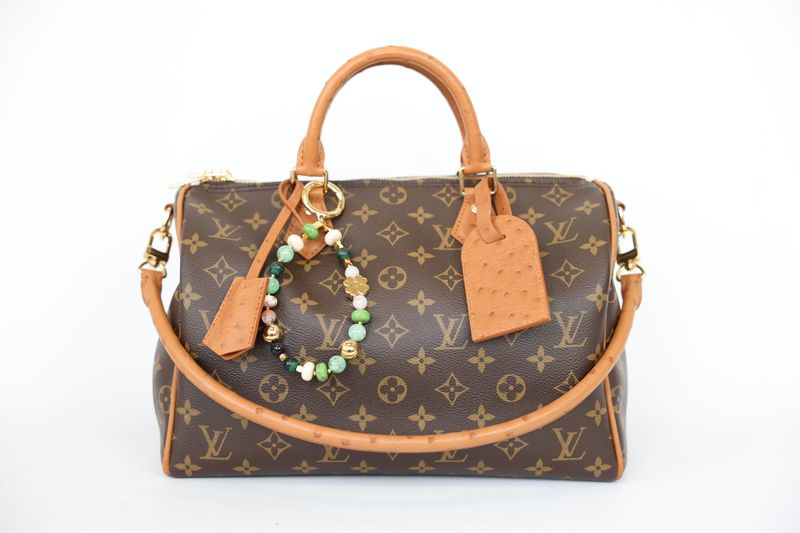 Louis Vuitton Speedy Soft 30 Boho Bag, Brown Monogram Canvas and Tan Ostrich Leather with Gold Hardware, Preowned in Dustbag WA001