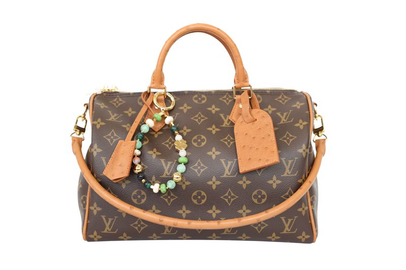 Louis Vuitton Speedy Soft 30 Boho Bag, Brown Monogram Canvas and Tan Ostrich Leather with Gold Hardware, Preowned in Dustbag WA001