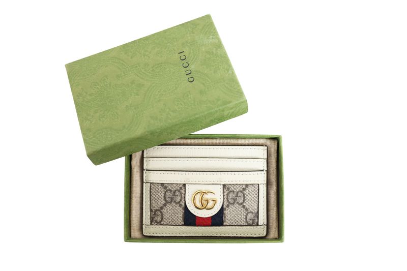 Gucci Ophidia Card Holder Case, GG Supreme Canvas and White Leather with Gold Hardware, New in Box WA001