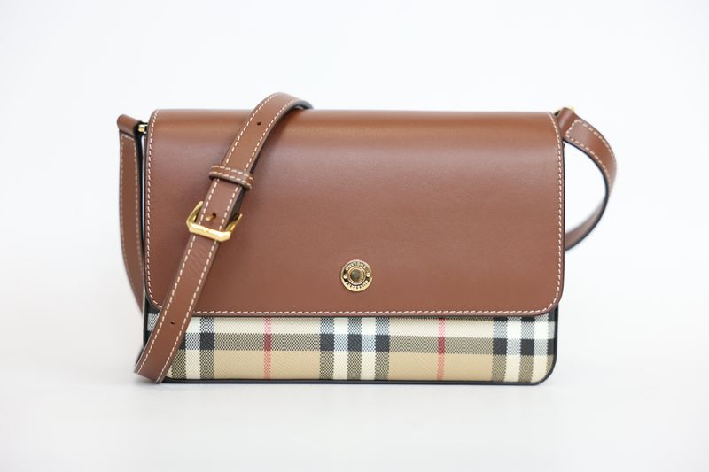 Burberry Hampshire Small Crossbody Bag, House Check Canvas and Brown Tan Leather with Gold Hardware, Preowned in Box WA001
