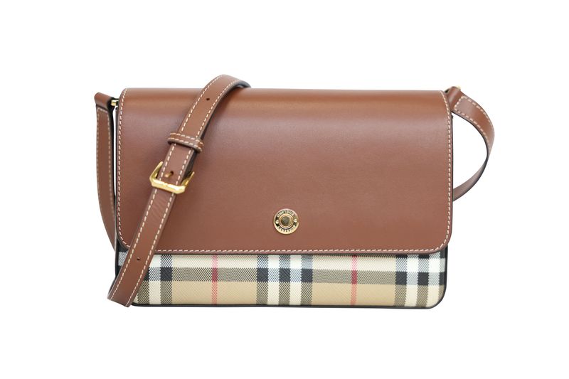 Burberry Hampshire Small Crossbody Bag, House Check Canvas and Brown Tan Leather with Gold Hardware, Preowned in Box WA001