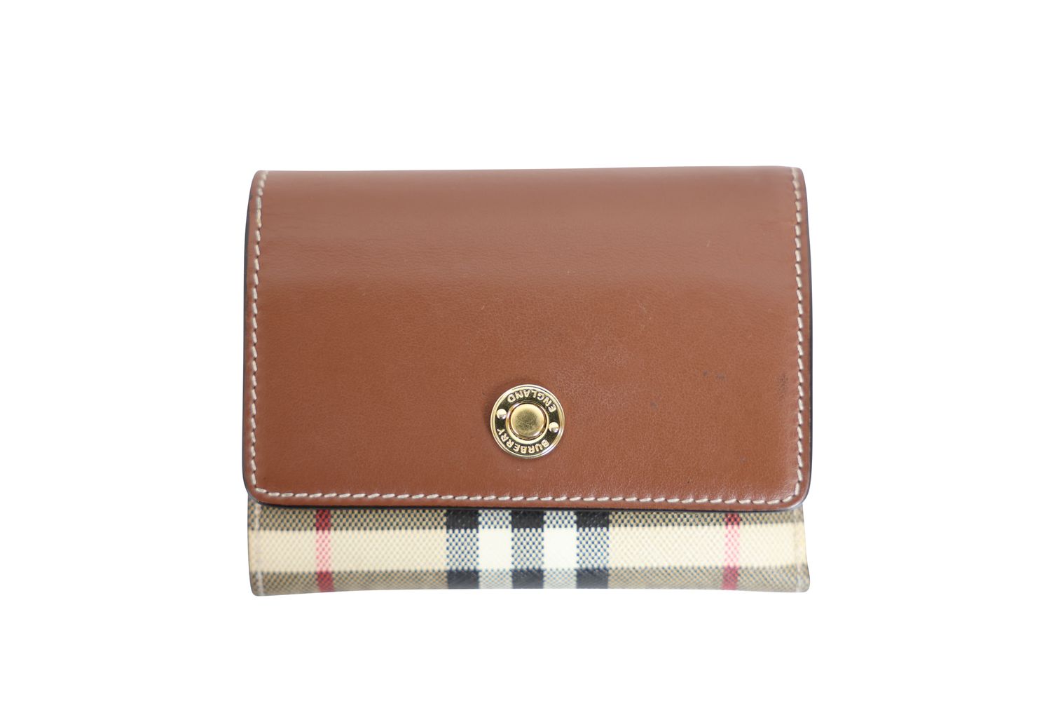Burberry Lancaster Wallet, House Check Canvas and Tan Brown Faux Leather with Gold Hardware, Preowned in Box WA001