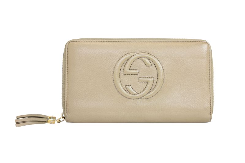 Gucci Soho Zip-around Wallet, Beige Leather and Gold Hardware, Preowned No Dustbag WA001