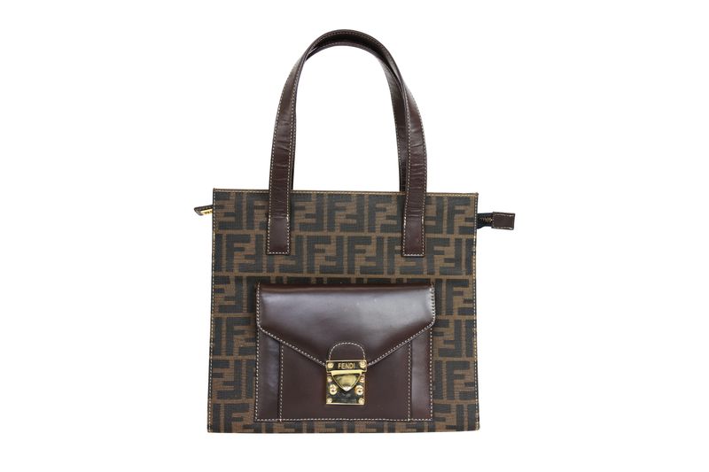 Fendi Vintage Front Pocket Tote Bag, Brown Zucca Canvas and Leather with Gold Hardware, Preowned No Dustbag WA001