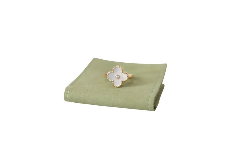Van Cleef Vintage Alhambra Ring 18K Yellow Gold, Diamond, Mother of Pearl, Size 4, Preowned in Dustbag WA001