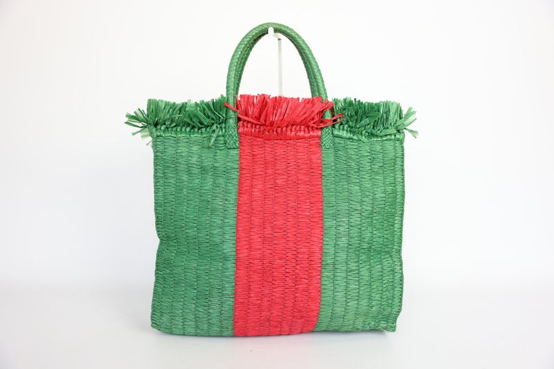 Gucci Web Cestino Tote Bag, Red and Green Woven Raffia, Preowned No Dustbag WA001
