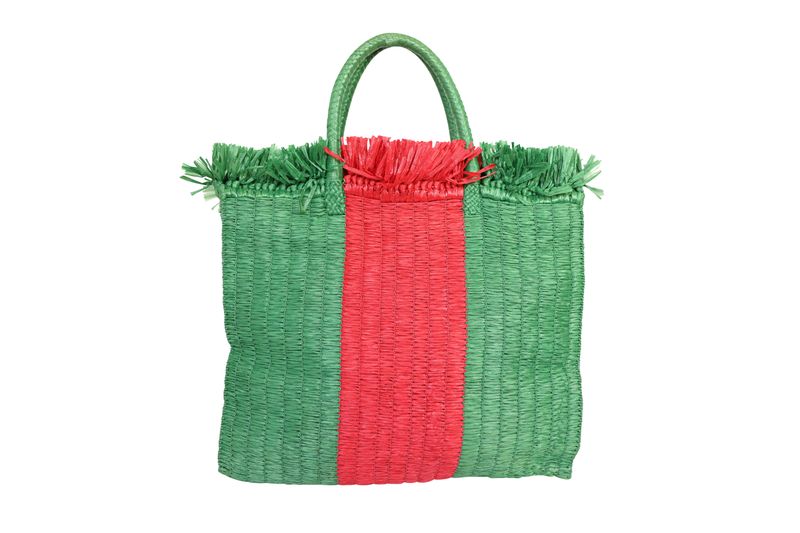 Gucci Web Cestino Tote Bag, Red and Green Woven Raffia, Preowned No Dustbag WA001