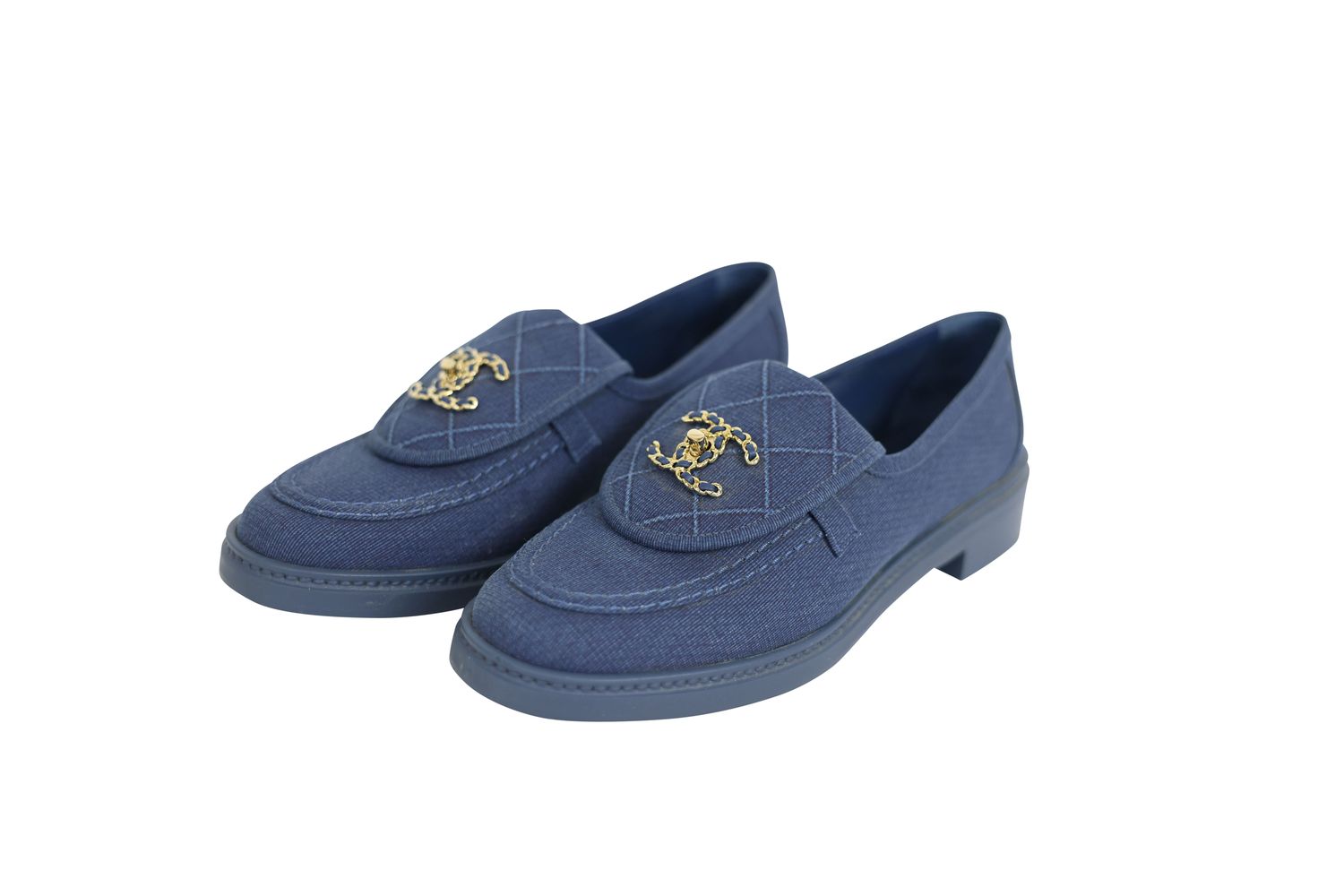 Chanel Shoes 26P Turnlock Moccasins, Navy Blue Cotton with Gold Hardware, Size 39, Preowned in Box WA001