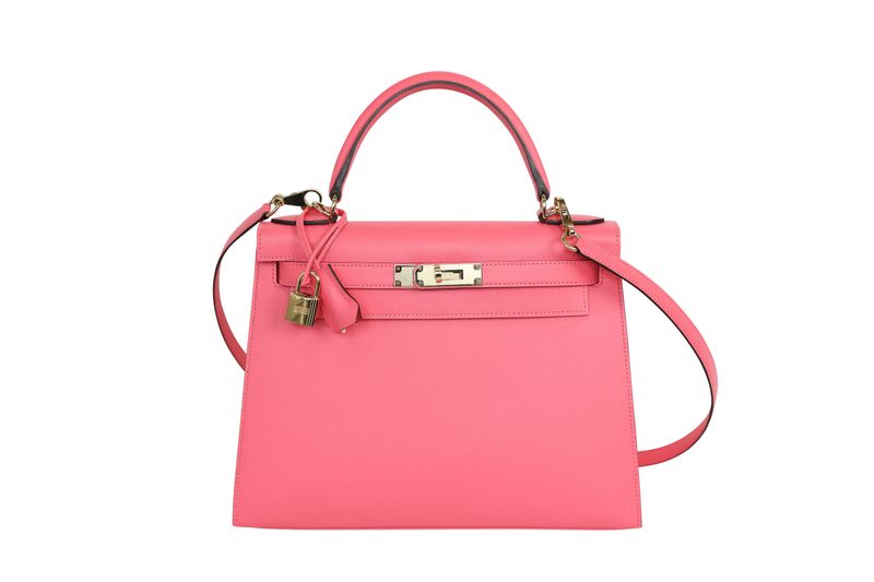 Hermes Kelly 28 Sellier Handbag, Special Order Lipstick Pink Epsom Leather and Gold Hardware, A 2017 Stamp, Preowned in Box WA001