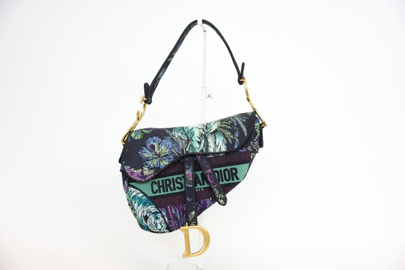 Christian Dior Saddle Medium Bag, Multicolor Toile de Jouy Voyage Embroidered Canvas and Gold Hardware, Preowned No Dustbag WA001