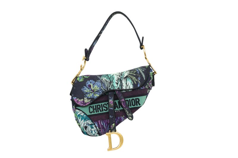 Christian Dior Saddle Medium Bag, Multicolor Toile de Jouy Voyage Embroidered Canvas and Gold Hardware, Preowned No Dustbag WA001