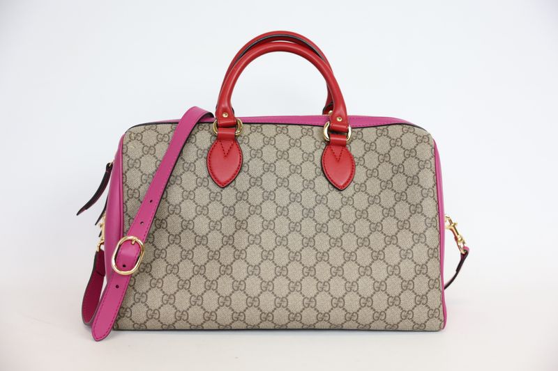 Gucci Boston Medium Bag, Beige GG Supreme Canvas with Pink and Red Leather and Gold Hardware, Preowned No Dustbag WA001