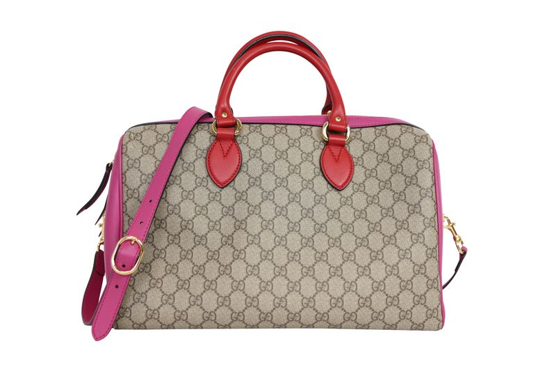 Gucci Boston Medium Bag, Beige GG Supreme Canvas with Pink and Red Leather and Gold Hardware, Preowned No Dustbag WA001