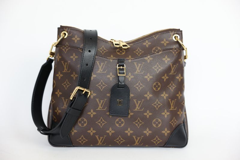 Louis Vuitton Odeon NM MM Bag, Brown Monogram Canvas with Black Leather and Gold Hardware, Preowned No Dustbag WA001