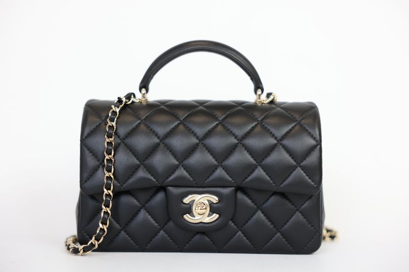 Chanel Classic Top Handle Mini Bag, Black Quilted Lambskin and  Gold Hardware, Preowned in Box WA001