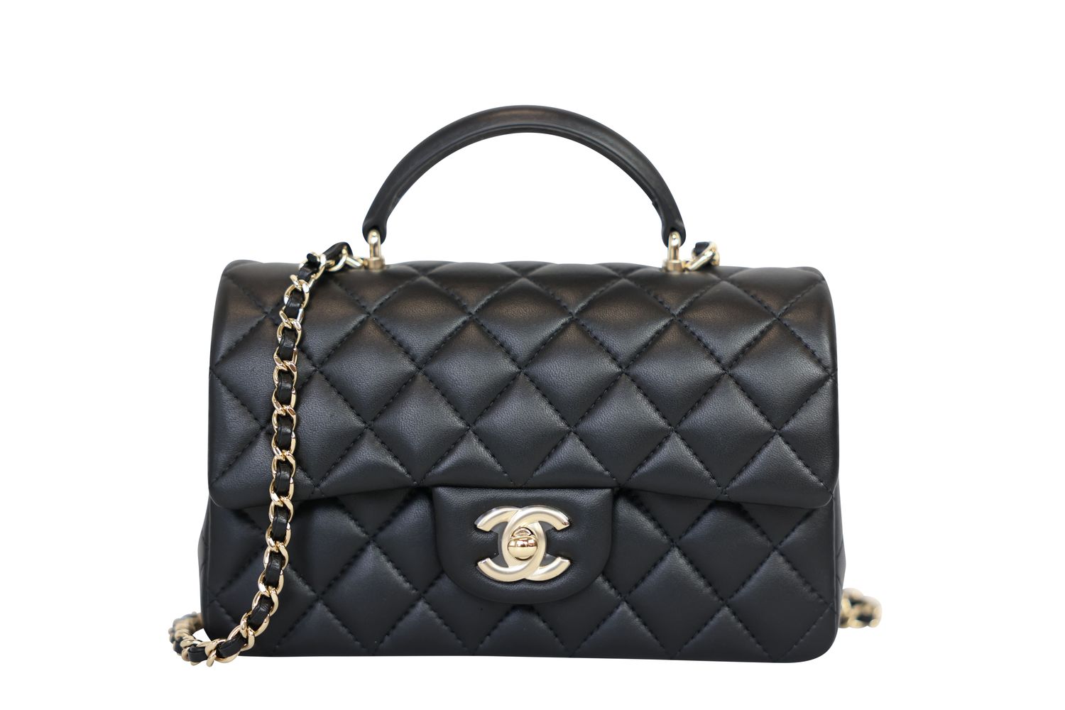 Chanel Classic Top Handle Mini Bag, Black Quilted Lambskin and  Gold Hardware, Preowned in Box WA001