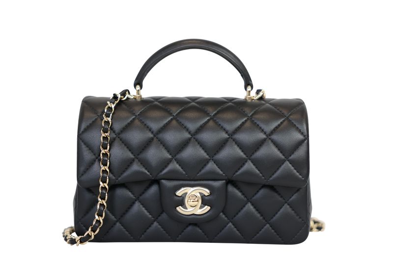 Chanel Classic Top Handle Mini Bag, Black Quilted Lambskin and  Gold Hardware, Preowned in Box WA001