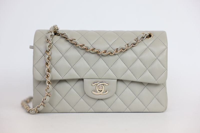Chanel Classic Small Handbag, Gray Quilted Lambskin and Gold Hardware, Preowned in Box WA001