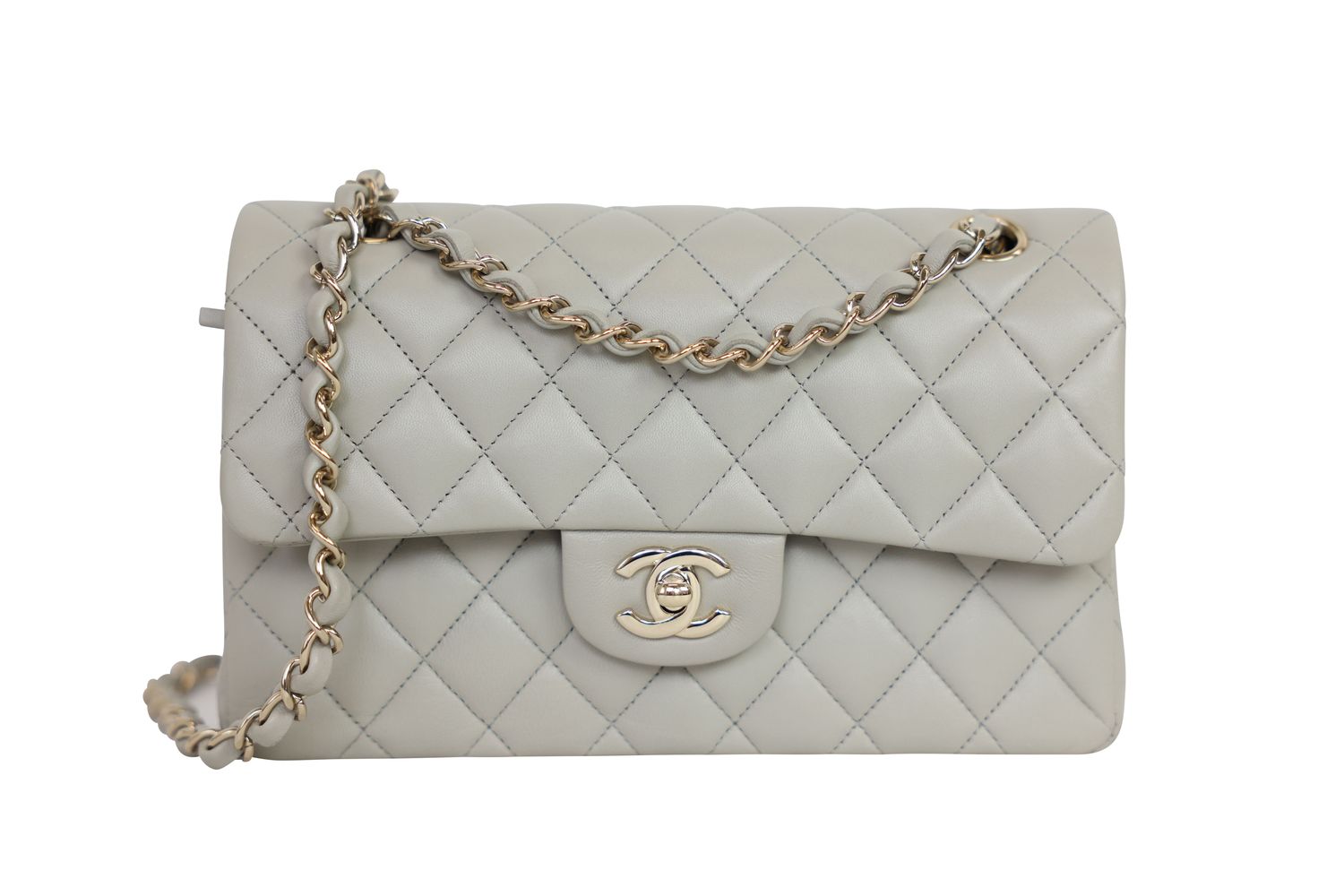 Chanel Classic Small Handbag, Gray Quilted Lambskin and Gold Hardware, Preowned in Box WA001