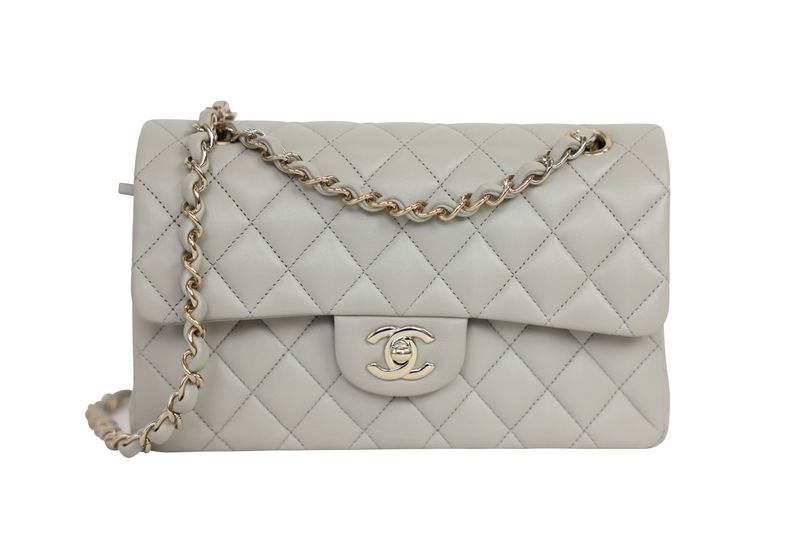 Chanel Classic Small Handbag, Gray Quilted Lambskin and Gold Hardware, Preowned in Box WA001
