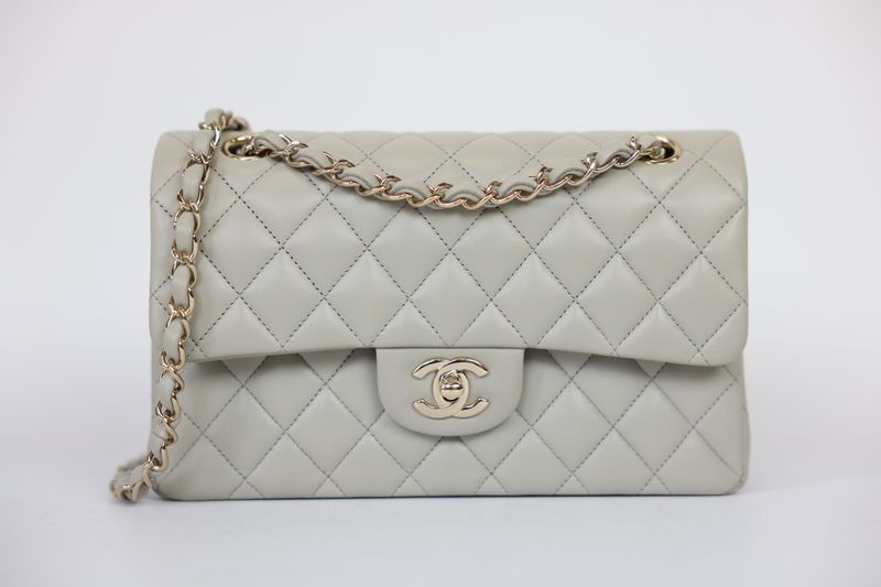 Chanel Classic Small Handbag, Gray Quilted Lambskin and Gold Hardware, Preowned in Box WA001