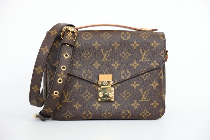 Louis Vuitton Pochette Metis Bag, Brown Monogram Canvas with Natural Leather and Gold Hardware, Preowned in Box WA001