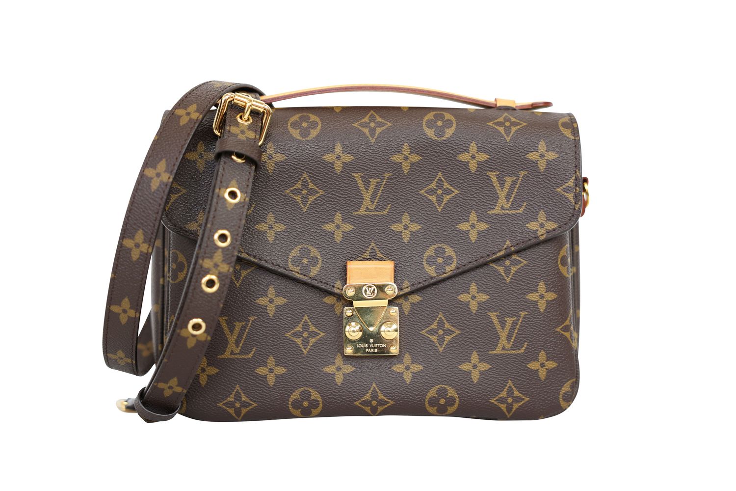 Louis Vuitton Pochette Metis Bag, Brown Monogram Canvas with Natural Leather and Gold Hardware, Preowned in Box WA001