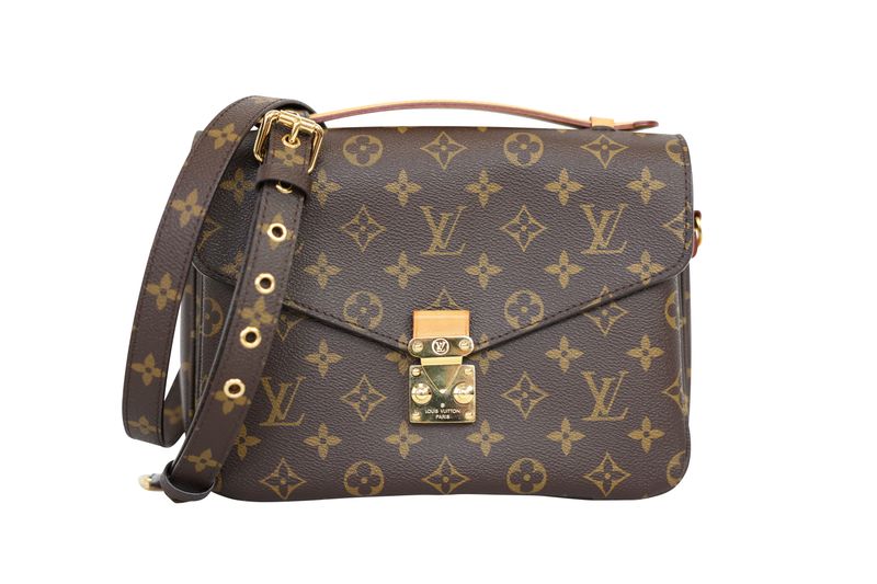 Louis Vuitton Pochette Metis Bag, Brown Monogram Canvas with Natural Leather and Gold Hardware, Preowned in Box WA001