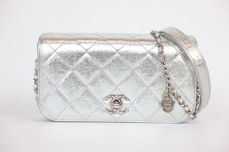 Chanel Hammered Flap Mini Bag, Metallic Silver Aged Calfskin and Hardware, Preowned in Dustbag WA001