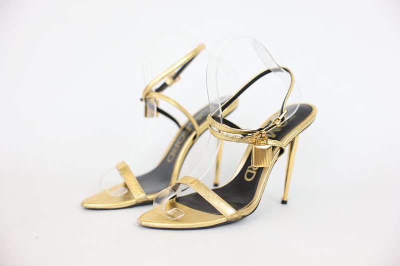Tom Ford Shoes Padlock 105 Heel Sandals, Gold Leather, Size 37, Preowned in Dustbag WA001