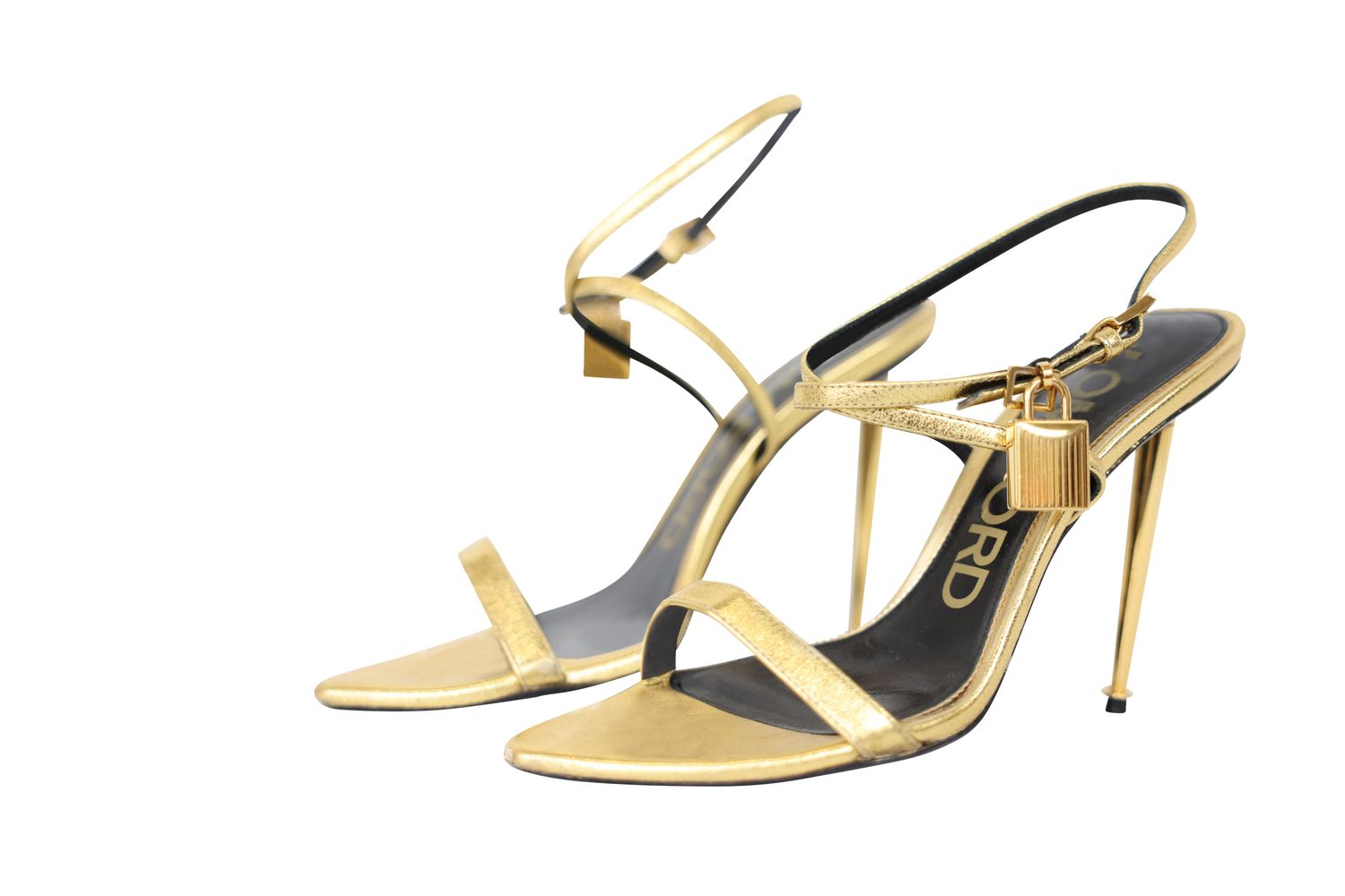 Tom Ford Shoes Padlock 105 Heel Sandals, Gold Leather, Size 37, Preowned in Dustbag WA001