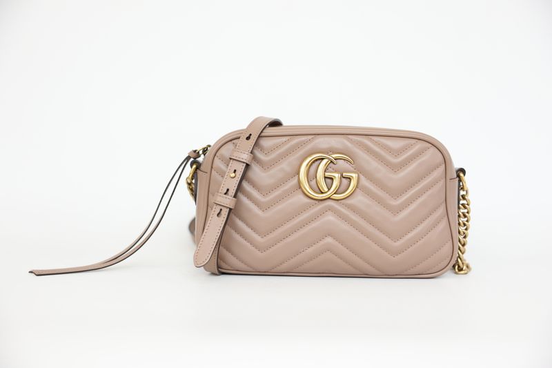Gucci GG Marmont Small Camera Bag, Beige Matelasse Leather and Gold Hardware, Preowned in Dustbag WA001