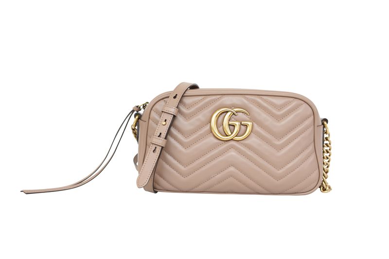 Gucci GG Marmont Small Camera Bag, Beige Matelasse Leather and Gold Hardware, Preowned in Dustbag WA001