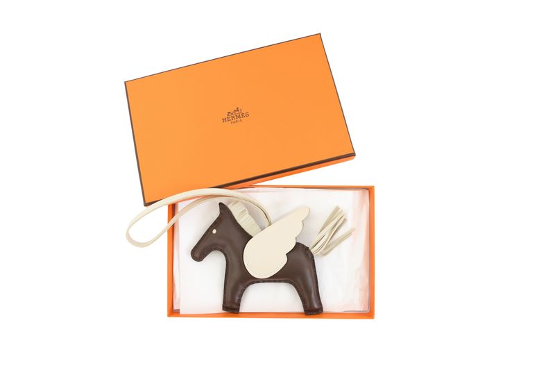 Hermes Rodeo Pegase MM Bag Charm, Brown and White Milo Lambskin and Swift Calfskin, New in Box WA001