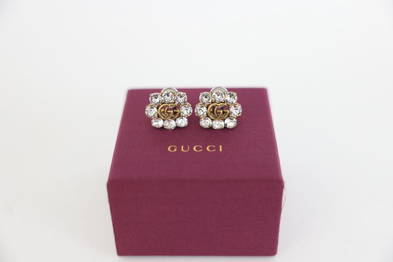Gucci Double G Clip on Earrings, Gold Finish with Crystal, Preowned in Box WA001