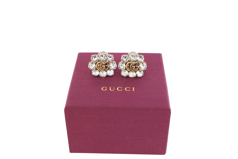 Gucci Double G Clip on Earrings, Gold Finish with Crystal, Preowned in Box WA001