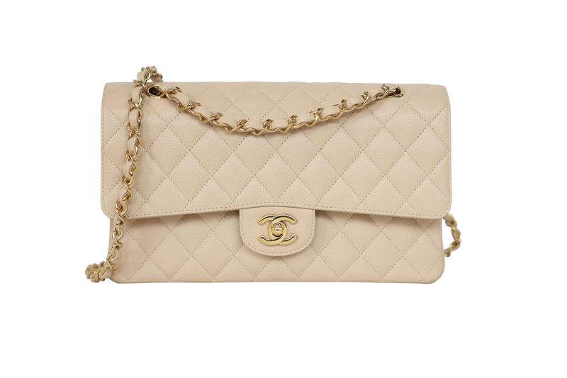 Chanel Classic Medium Handbag, Beige Clair Quilted Caviar and Gold Hardware, Preowned in Box WA001 Chanel Classic Medium Handbag, Beige Clair Quilted Caviar and Gold Hardware, Preowned in Box WA001