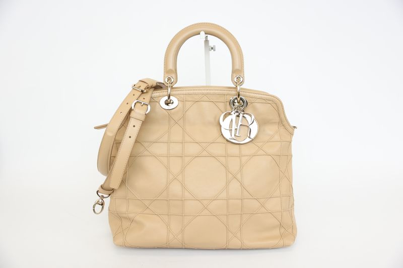 Christian Dior Granville Polochon Medium Bag, Beige Cannage Leather and Gold Hardware, Preowned in Dustbag WA001