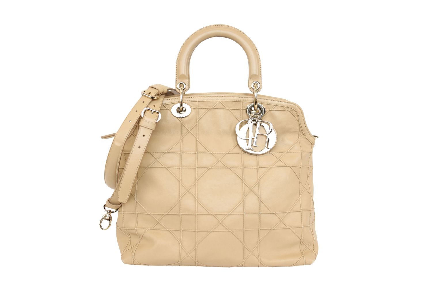 Christian Dior Granville Polochon Medium Bag, Beige Cannage Leather and Gold Hardware, Preowned in Dustbag WA001