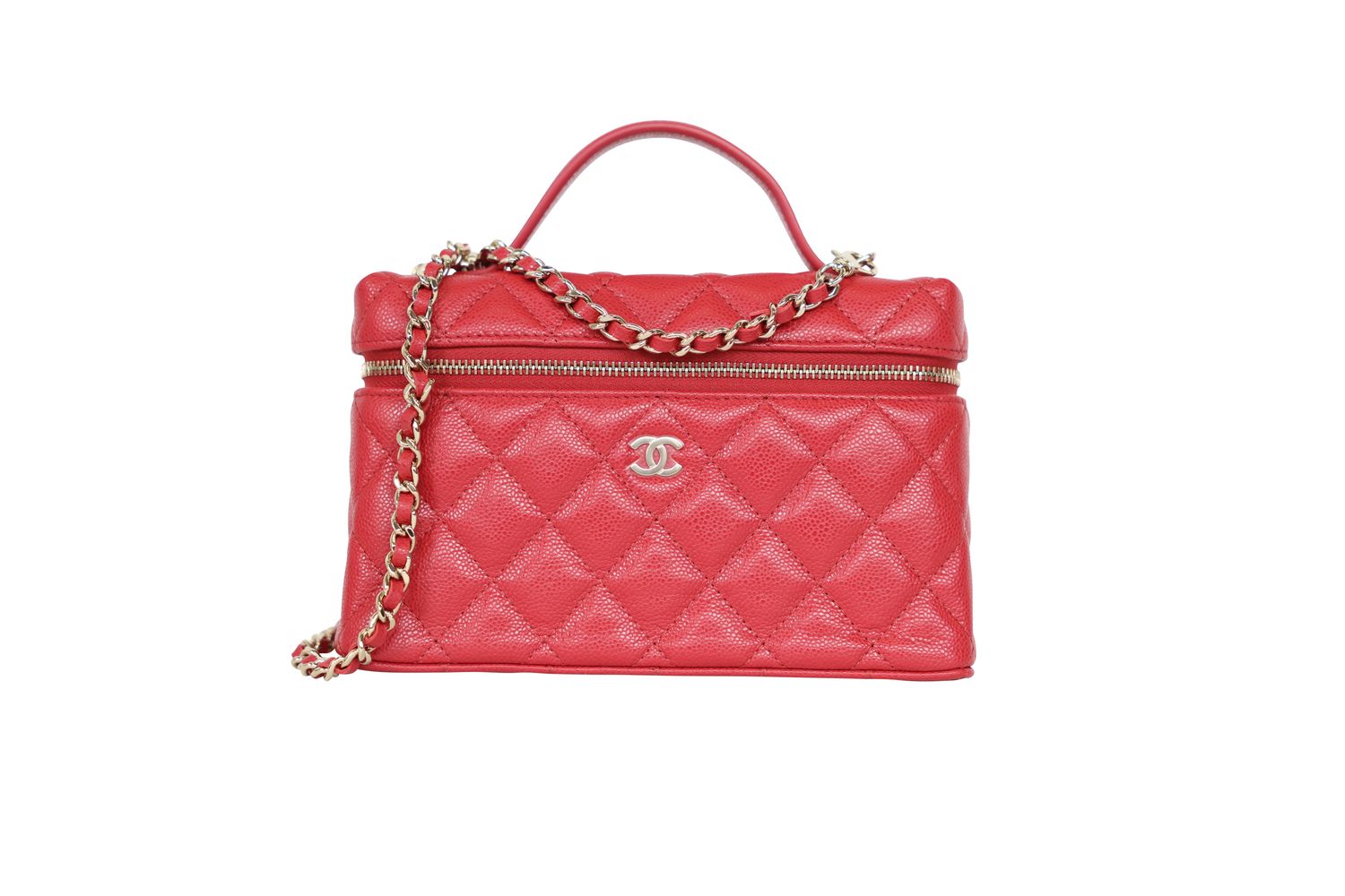 Chanel Top Handle 25K Slim Vanity Bag, Red Quilted Caviar Leather and Gold Hardware, Preowned in Box WA001