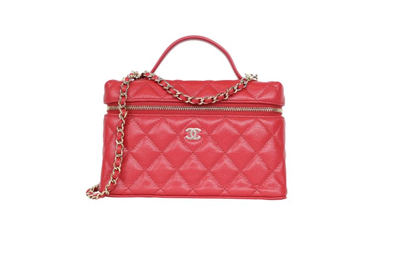 Chanel Top Handle 25K Slim Vanity Bag, Red Quilted Caviar Leather and Gold Hardware, Preowned in Box WA001 Chanel Top Handle 25K Slim Vanity Bag, Red Quilted Caviar Leather and Gold Hardware, Preowned in Box WA001